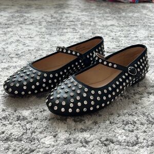 Steve Madden Vinetta Black Leather Rhinestone Studded Mary Jane Flats NWB TTS